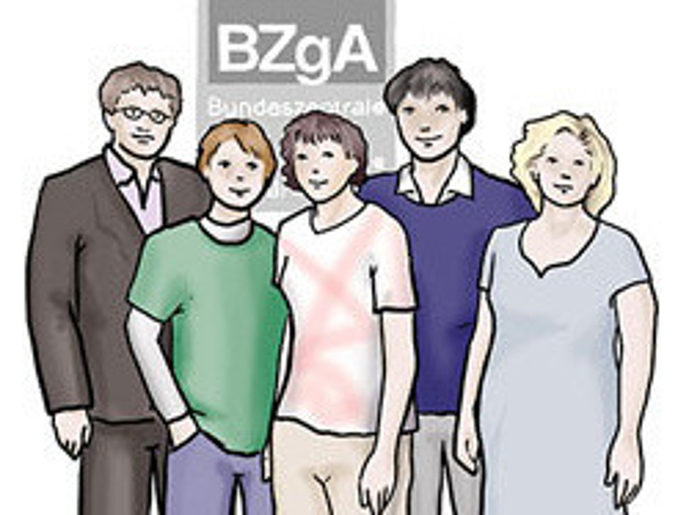 Eine Zeichnung zeigt Frauen und Männer. Im Hintergrund ein BZgA-Schild.